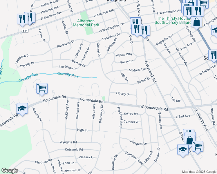 map of restaurants, bars, coffee shops, grocery stores, and more near 107 Poplar Terrace in Somerdale