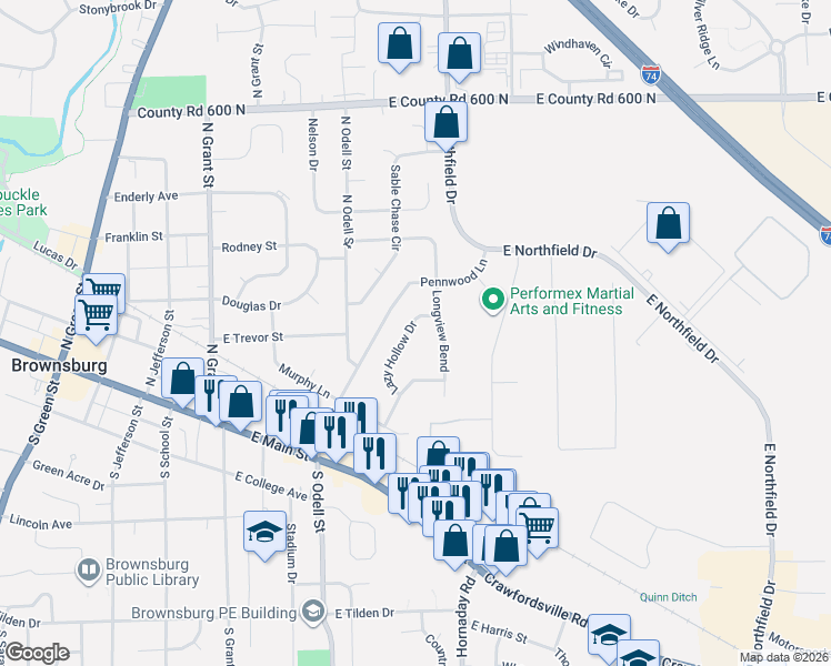 map of restaurants, bars, coffee shops, grocery stores, and more near 256 Longview Bend in Brownsburg