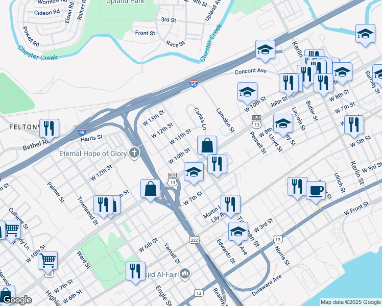 map of restaurants, bars, coffee shops, grocery stores, and more near 904 Tilghman Street in Chester