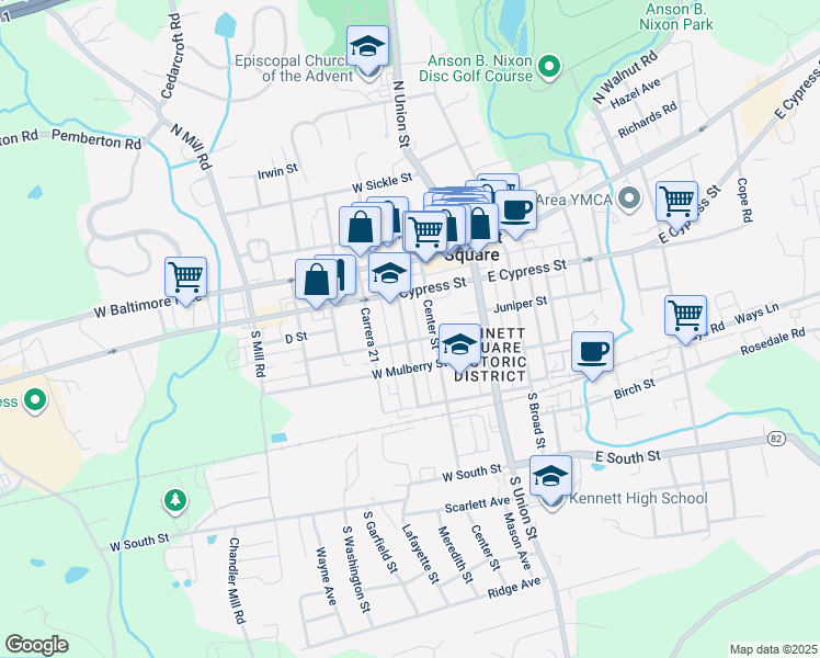map of restaurants, bars, coffee shops, grocery stores, and more near 231 Meredith Street in Kennett Square