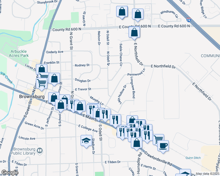 map of restaurants, bars, coffee shops, grocery stores, and more near 307 North Odell Street in Brownsburg