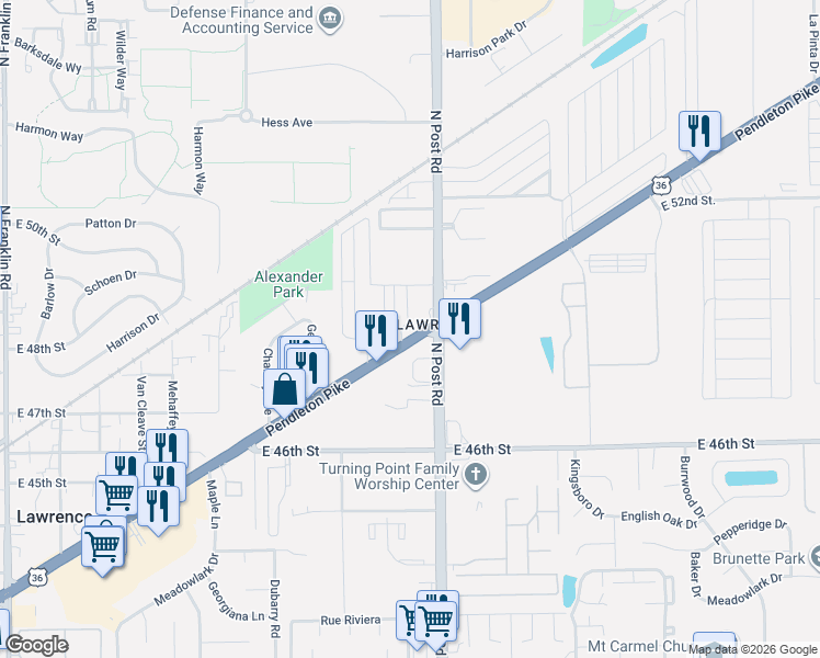 map of restaurants, bars, coffee shops, grocery stores, and more near 8860 Pendleton Pike in Indianapolis