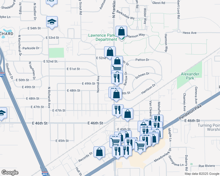map of restaurants, bars, coffee shops, grocery stores, and more near 7949 East 49th Street in Indianapolis