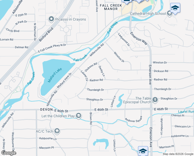 map of restaurants, bars, coffee shops, grocery stores, and more near 4406 Radnor Road in Indianapolis