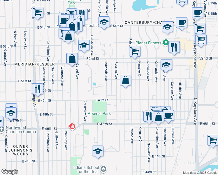 map of restaurants, bars, coffee shops, grocery stores, and more near 2267 Woodsmall Ln in Indianapolis
