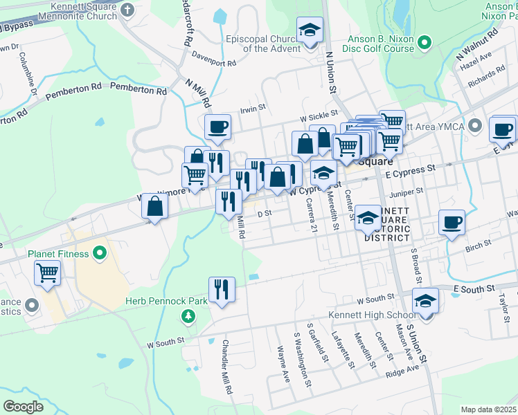 map of restaurants, bars, coffee shops, grocery stores, and more near 600 West Cypress Street in Kennett Square