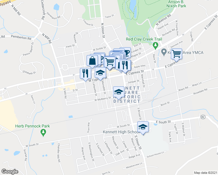 map of restaurants, bars, coffee shops, grocery stores, and more near 234 Center Street in Kennett Square