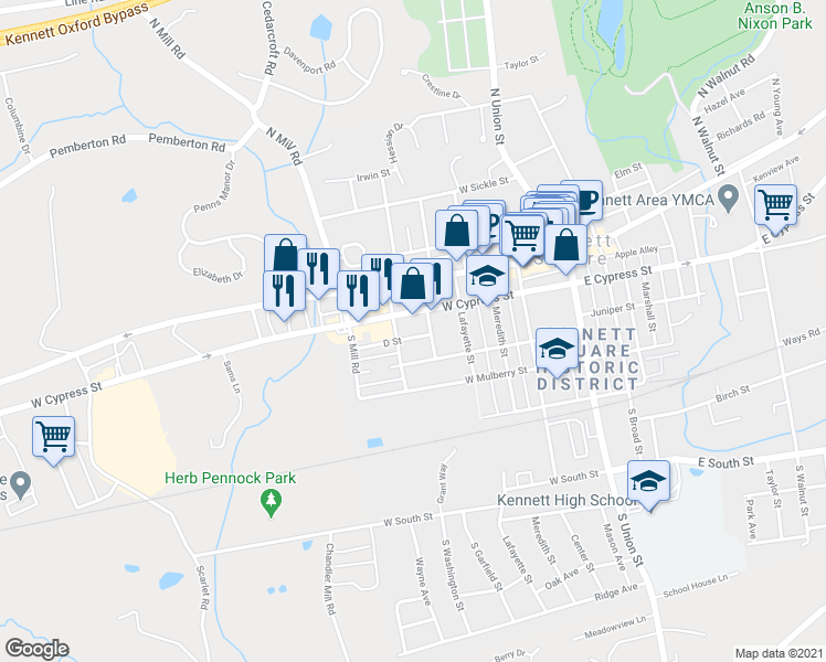 map of restaurants, bars, coffee shops, grocery stores, and more near 509 D Street in Kennett Square