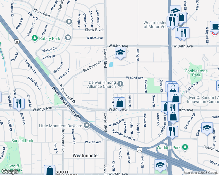 map of restaurants, bars, coffee shops, grocery stores, and more near 8140 Lowell Boulevard in Westminster