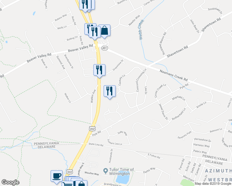 map of restaurants, bars, coffee shops, grocery stores, and more near 2404 Century Lane in Chadds Ford