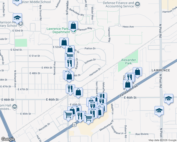 map of restaurants, bars, coffee shops, grocery stores, and more near 8145 East 48th Street in Indianapolis