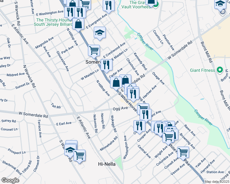 map of restaurants, bars, coffee shops, grocery stores, and more near 18 North Hilltop Avenue in Somerdale