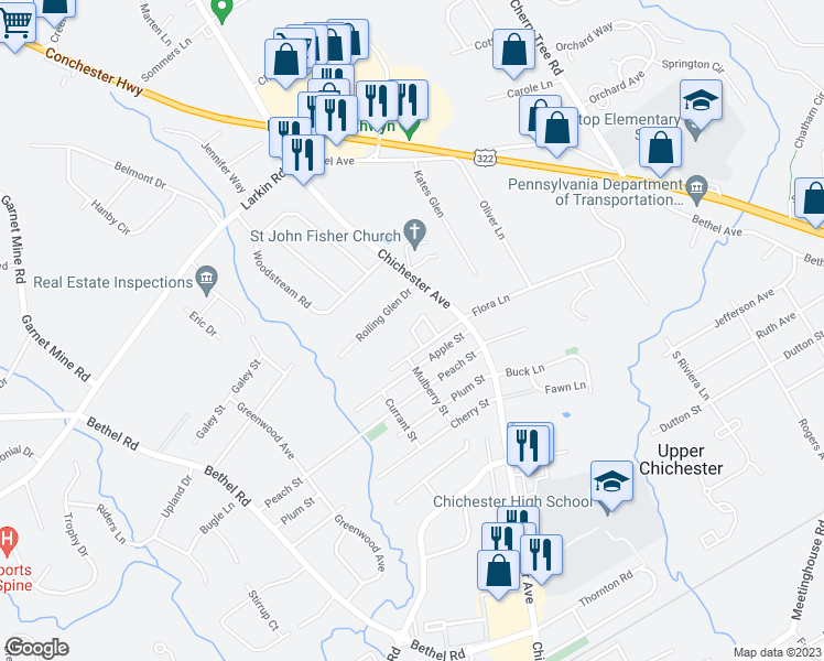 map of restaurants, bars, coffee shops, grocery stores, and more near Sophia Lane in Boothwyn