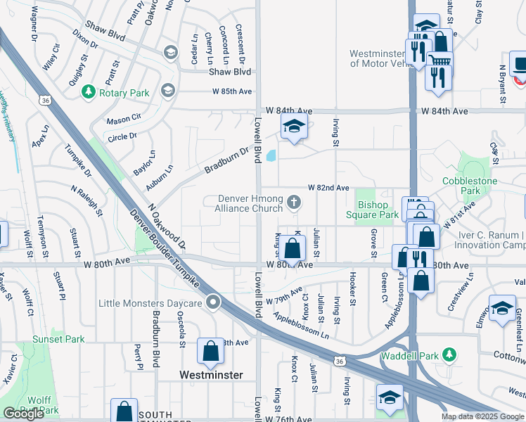 map of restaurants, bars, coffee shops, grocery stores, and more near 8140 Lowell Boulevard in Westminster