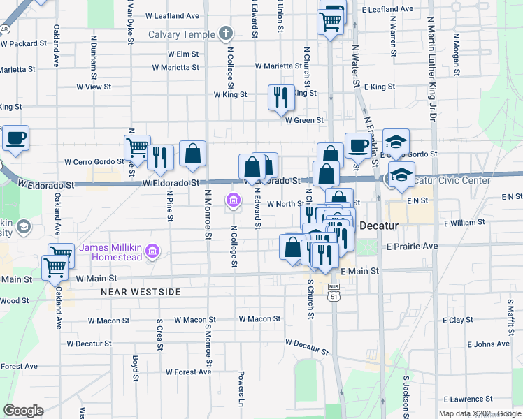 map of restaurants, bars, coffee shops, grocery stores, and more near 371 West North Street in Decatur