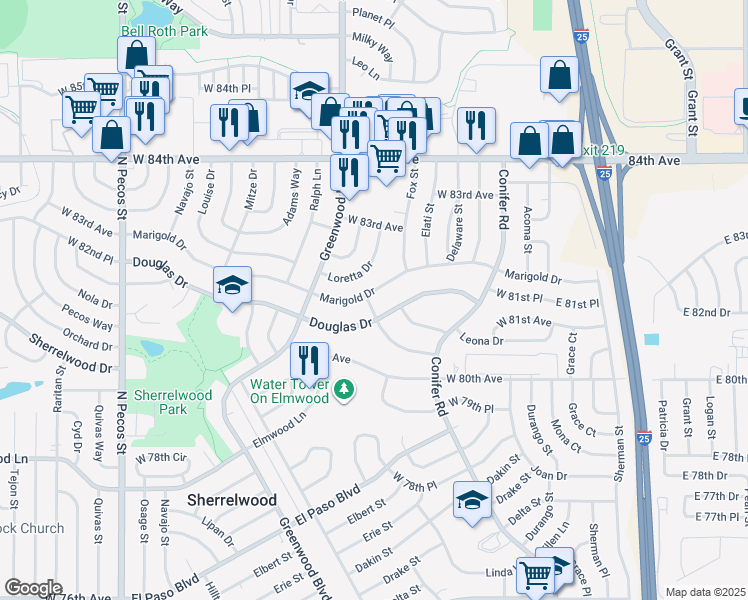 map of restaurants, bars, coffee shops, grocery stores, and more near 700 Marigold Drive in Denver