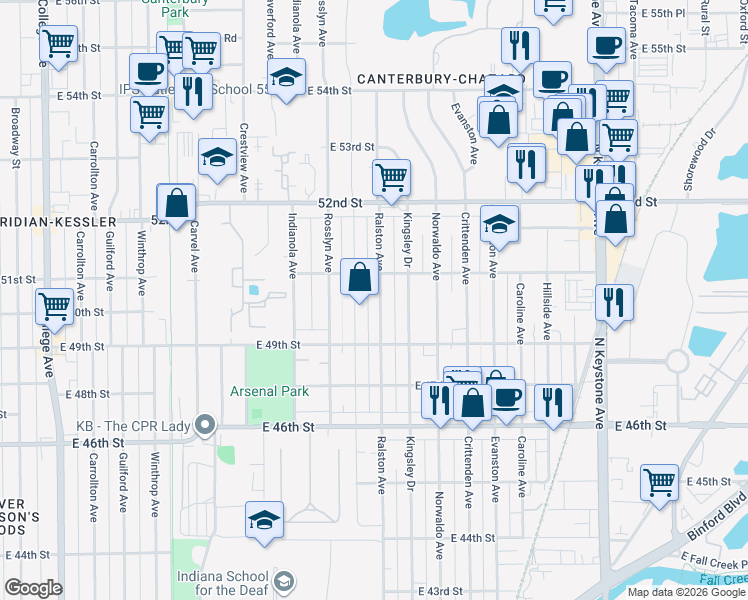 map of restaurants, bars, coffee shops, grocery stores, and more near 5004 Ralston Avenue in Indianapolis