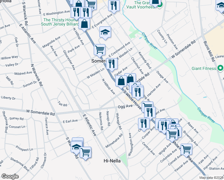 map of restaurants, bars, coffee shops, grocery stores, and more near 18 North Hilltop Avenue in Somerdale