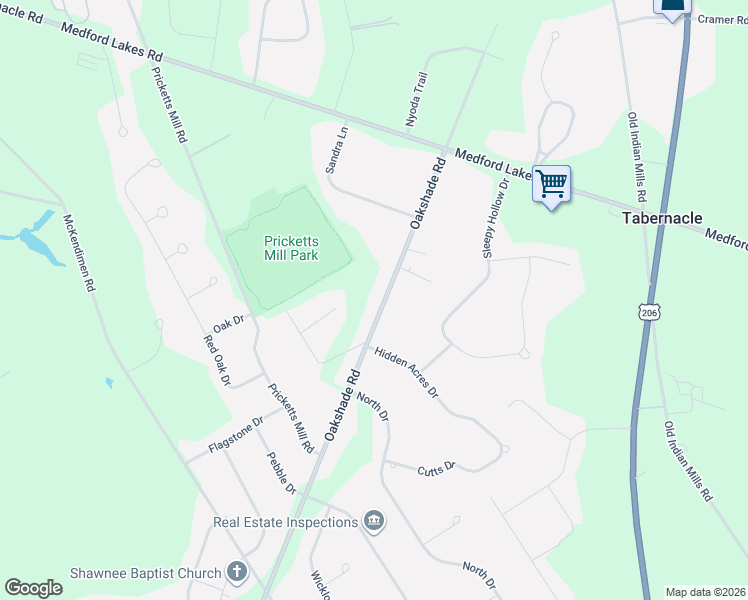 map of restaurants, bars, coffee shops, grocery stores, and more near 232 Oakshade Road in Tabernacle