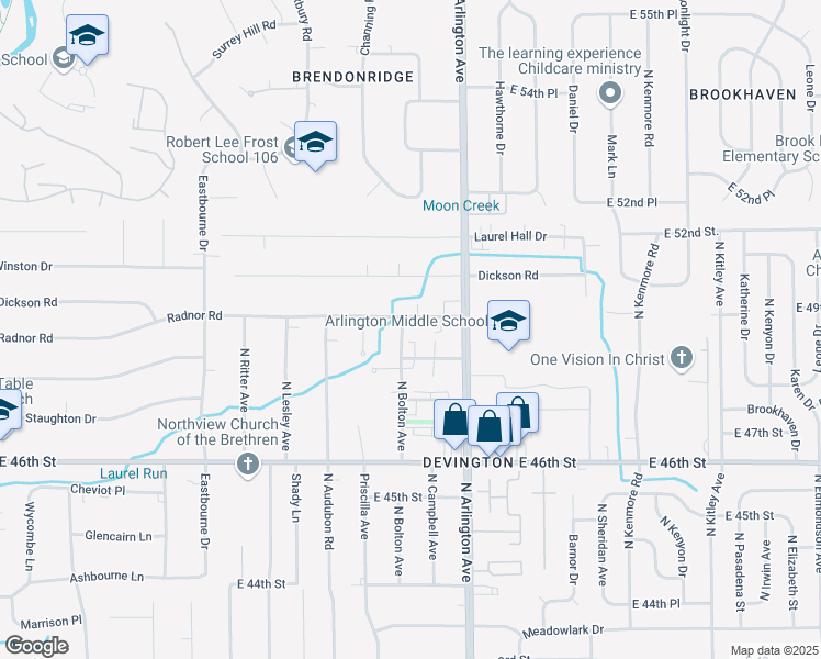 map of restaurants, bars, coffee shops, grocery stores, and more near 5917 Radnor Road in Indianapolis
