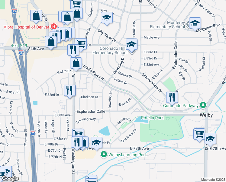 map of restaurants, bars, coffee shops, grocery stores, and more near 8156 Downing Street in Denver