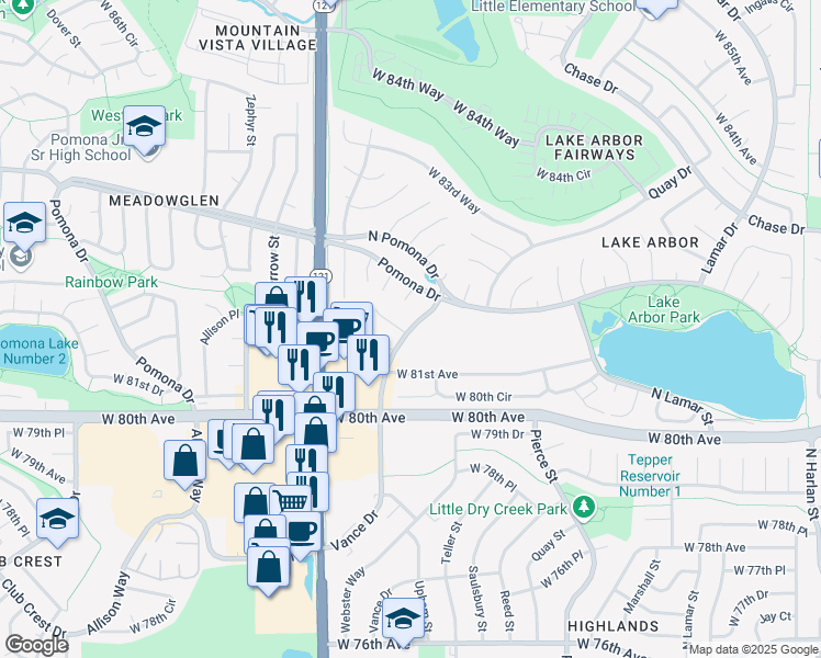 map of restaurants, bars, coffee shops, grocery stores, and more near 8110 Vance Drive in Arvada