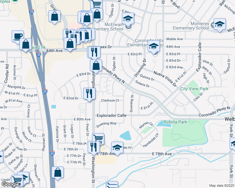 map of restaurants, bars, coffee shops, grocery stores, and more near 980 Coronado Parkway South in Thornton