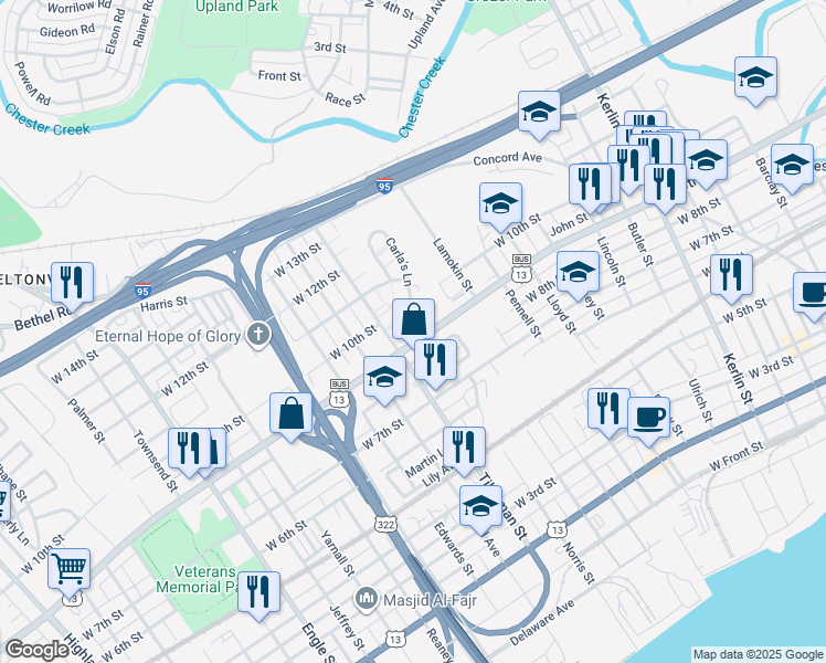 map of restaurants, bars, coffee shops, grocery stores, and more near 1402 West 9th Street in Chester