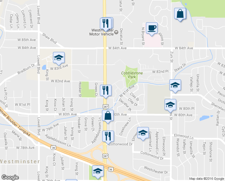 map of restaurants, bars, coffee shops, grocery stores, and more near 2909 West 81st Avenue in Westminster