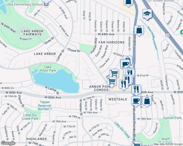 map of restaurants, bars, coffee shops, grocery stores, and more near 8122 Gray Court in Arvada