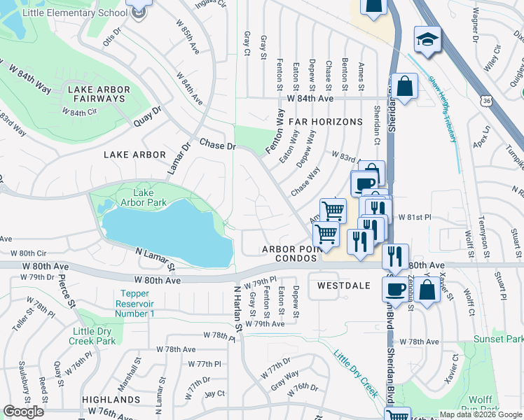map of restaurants, bars, coffee shops, grocery stores, and more near 5786 West 81st Place in Arvada