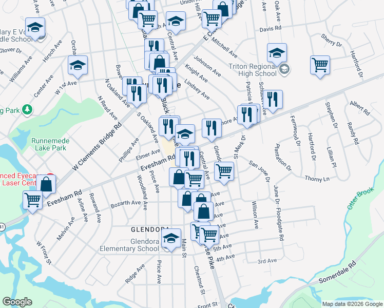 map of restaurants, bars, coffee shops, grocery stores, and more near 10 East Evesham Road in Camden County