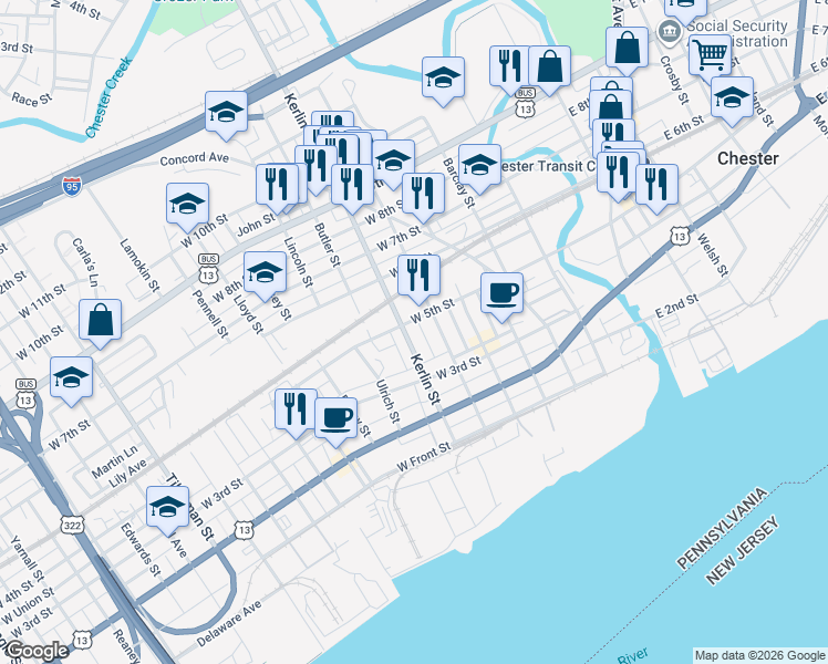 map of restaurants, bars, coffee shops, grocery stores, and more near 353 Kerlin Street in Chester