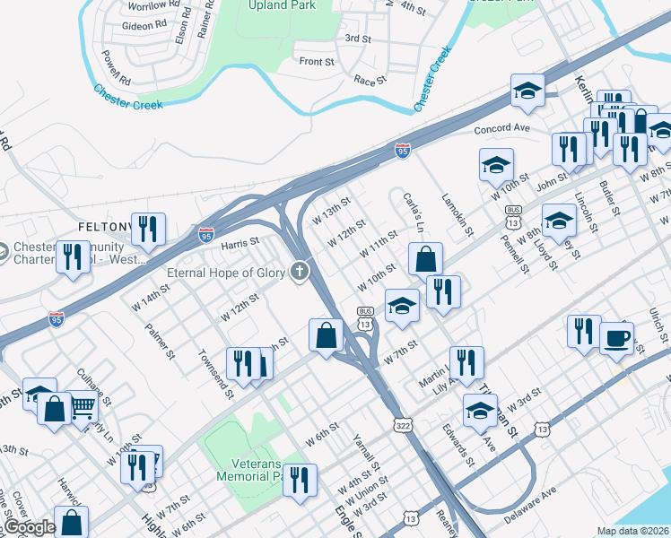 map of restaurants, bars, coffee shops, grocery stores, and more near 1114 Edwards Street in Chester