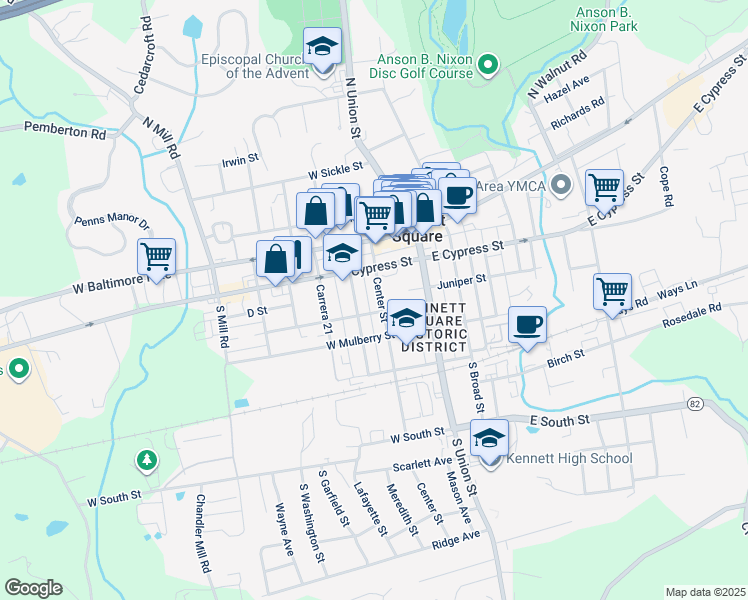 map of restaurants, bars, coffee shops, grocery stores, and more near 227 Meredith Street in Kennett Square