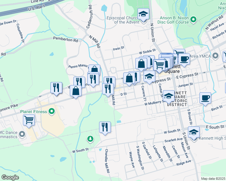 map of restaurants, bars, coffee shops, grocery stores, and more near 200 South Mill Road in Kennett Square