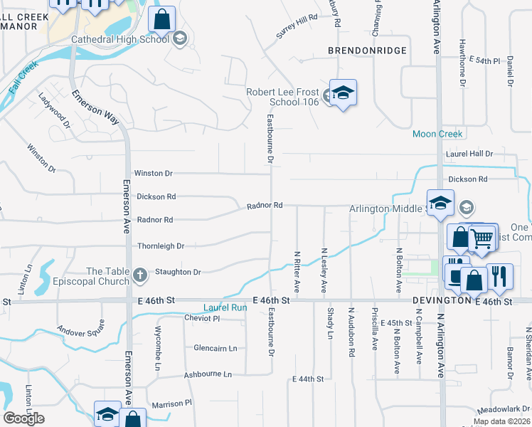 map of restaurants, bars, coffee shops, grocery stores, and more near 5329 Radnor Road in Indianapolis