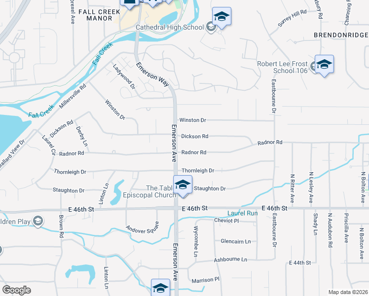 map of restaurants, bars, coffee shops, grocery stores, and more near 5102 Radnor Road in Indianapolis