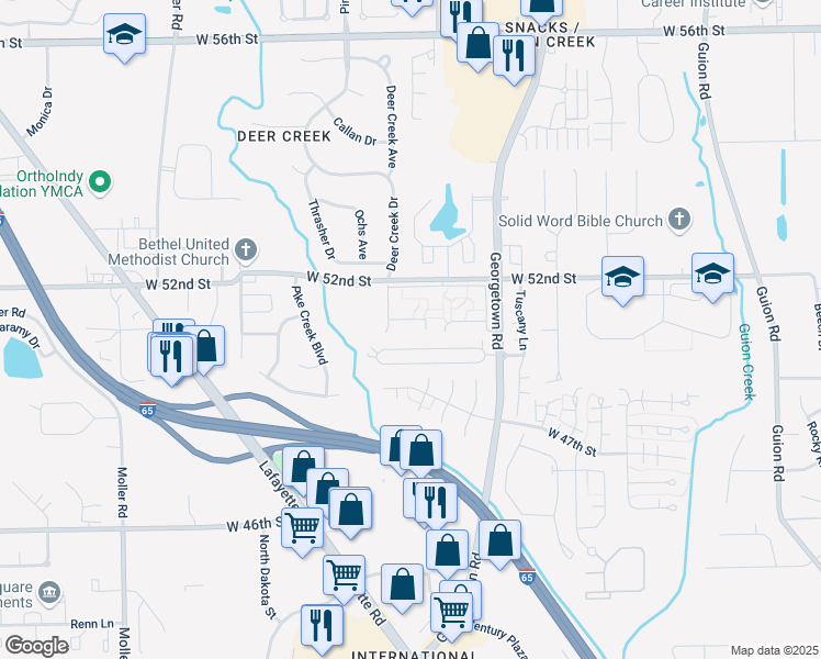 map of restaurants, bars, coffee shops, grocery stores, and more near 5000 North 5000 West in Indianapolis