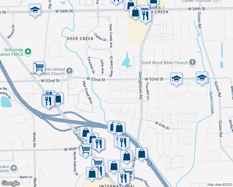 map of restaurants, bars, coffee shops, grocery stores, and more near 5000 North 5000 West in Indianapolis