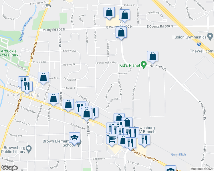 map of restaurants, bars, coffee shops, grocery stores, and more near 285 Pennwood Lane in Brownsburg