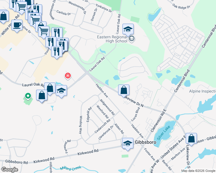 map of restaurants, bars, coffee shops, grocery stores, and more near County Route 561 & Haddonfield Berlin Rd in Gibbsboro