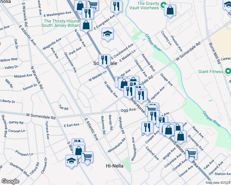map of restaurants, bars, coffee shops, grocery stores, and more near 18 North Hilltop Avenue in Somerdale