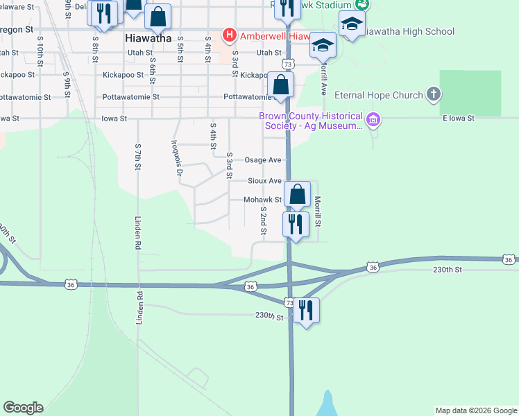 map of restaurants, bars, coffee shops, grocery stores, and more near 904 South 2nd Street in Hiawatha