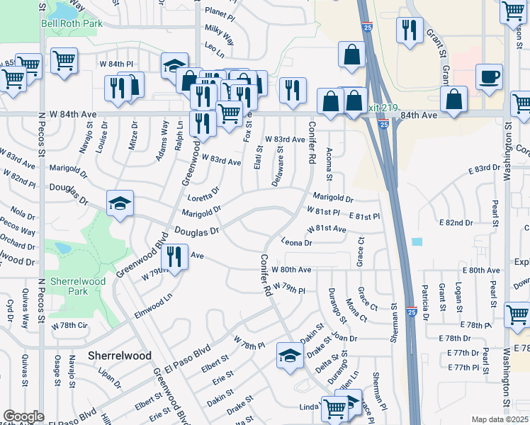 map of restaurants, bars, coffee shops, grocery stores, and more near 448 Douglas Drive in Denver