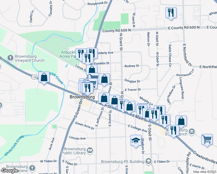 map of restaurants, bars, coffee shops, grocery stores, and more near 108 North Jefferson Street in Brownsburg
