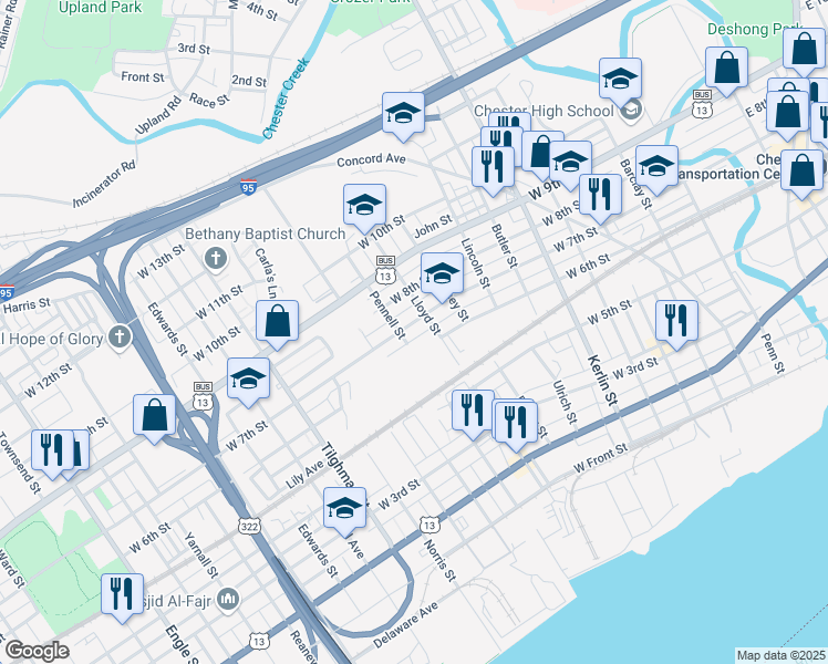 map of restaurants, bars, coffee shops, grocery stores, and more near 1123 West 7th Street in Chester