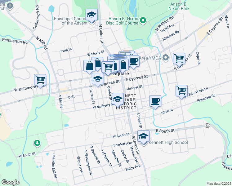 map of restaurants, bars, coffee shops, grocery stores, and more near 123 Magnolia St in Kennett Square