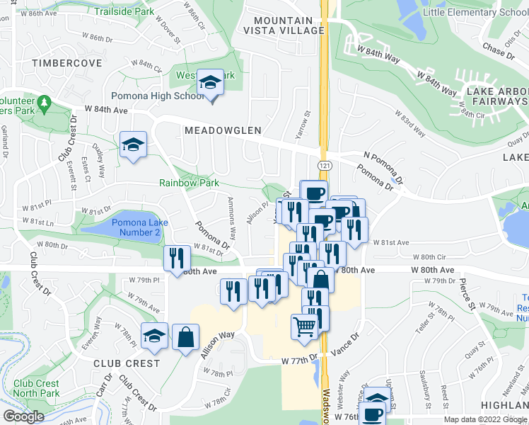 map of restaurants, bars, coffee shops, grocery stores, and more near 8140 Allison Place in Arvada