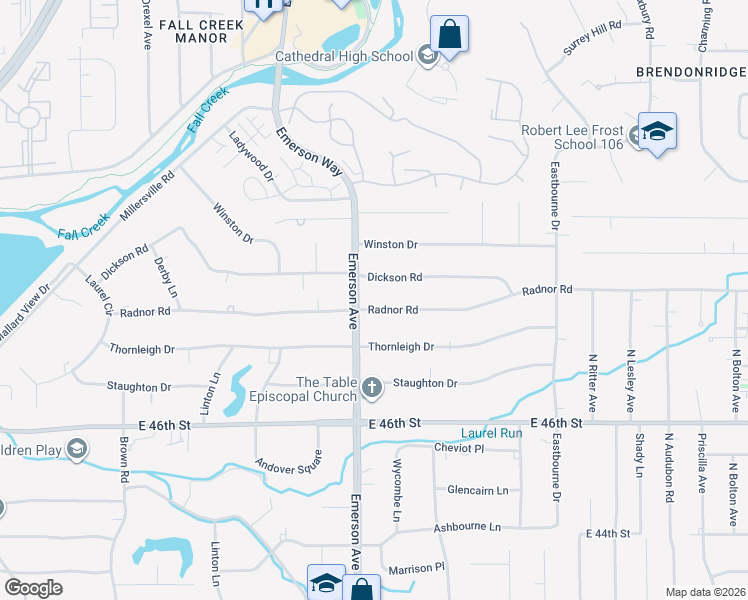 map of restaurants, bars, coffee shops, grocery stores, and more near 5102 Radnor Road in Indianapolis